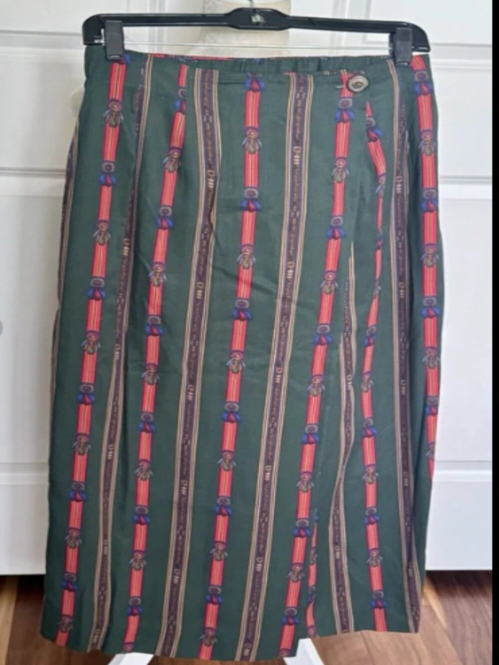 Vintage 80s Susan Bristol Faux Wrap Skirt Green Winners Circle Print Size 4